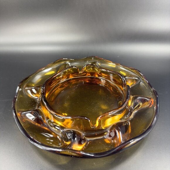 1960s Vintage Amber Glass Ashtray Dish Wavy Edges Vintage Glass Decor 8 In Wide - Picture 15 of 15